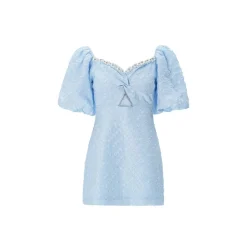 Diana Vevina Twisted Hollow-Out Puff Sleeve Dress Blue