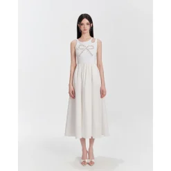 Eimismosol Bow Tie Hot-Drilled Patchwork Long Dress White