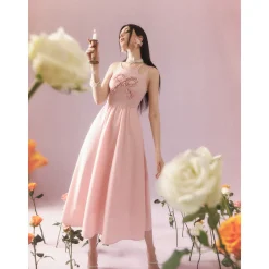 Eimismosol Bow Tie Hot-Drilled Patchwork Long Dress Pink