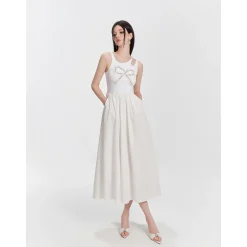 Eimismosol Bow Tie Hot-Drilled Patchwork Long Dress White