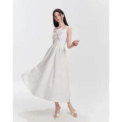 Eimismosol Bow Tie Hot-Drilled Patchwork Long Dress White