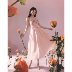 Eimismosol Bow Tie Hot-Drilled Patchwork Long Dress Pink