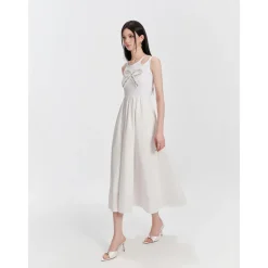 Eimismosol Bow Tie Hot-Drilled Patchwork Long Dress White