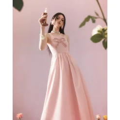 Eimismosol Bow Tie Hot-Drilled Patchwork Long Dress Pink