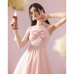 Eimismosol Bow Tie Hot-Drilled Patchwork Long Dress Pink