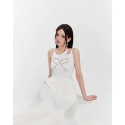 Eimismosol Bow Tie Hot-Drilled Patchwork Long Dress White