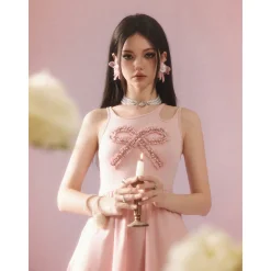 Eimismosol Bow Tie Hot-Drilled Patchwork Long Dress Pink