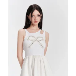 Eimismosol Bow Tie Hot-Drilled Patchwork Long Dress White