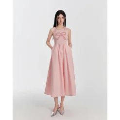 Eimismosol Bow Tie Hot-Drilled Patchwork Long Dress Pink