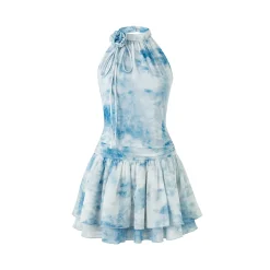 Eimismosol Rendering Ink Painted Flower Dress Blue