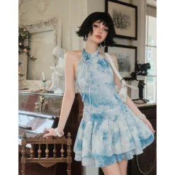 Eimismosol Rendering Ink Painted Flower Dress Blue