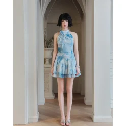 Eimismosol Rendering Ink Painted Flower Dress Blue