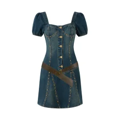 Eimismosol Retro Rivet Denim Belt Dress