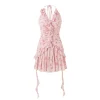 Eimismosol Ruffled Floral Wrinkle Halter Dress Pink