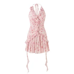 Eimismosol Ruffled Floral Wrinkle Halter Dress Pink