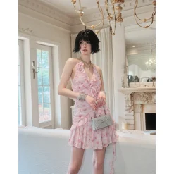 Eimismosol Ruffled Floral Wrinkle Halter Dress Pink