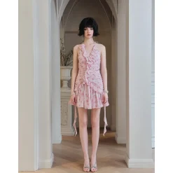Eimismosol Ruffled Floral Wrinkle Halter Dress Pink