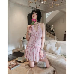 Eimismosol Ruffled Floral Wrinkle Halter Dress Pink