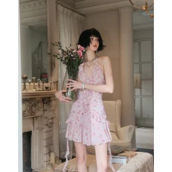 Eimismosol Ruffled Floral Wrinkle Halter Dress Pink