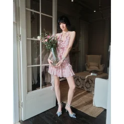 Eimismosol Ruffled Floral Wrinkle Halter Dress Pink