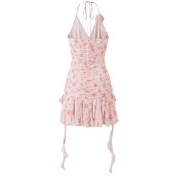Eimismosol Ruffled Floral Wrinkle Halter Dress Pink