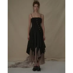 Elywood Black Slant Split Camisole Dress