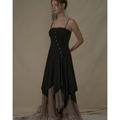 Elywood Black Slant Split Camisole Dress