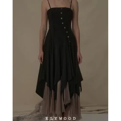 Elywood Black Slant Split Camisole Dress