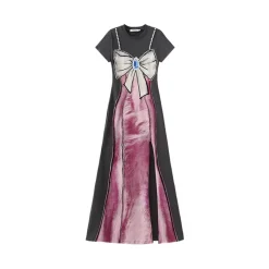 FORDARE Printed Pearl Necklace Long Dress Grey