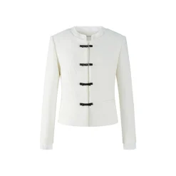 Herlian Bow Buttons Stand Collar Tweed Jacket White