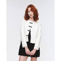 Herlian Bow Buttons Stand Collar Tweed Jacket White