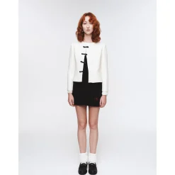Herlian Bow Buttons Stand Collar Tweed Jacket White