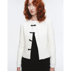 Herlian Bow Buttons Stand Collar Tweed Jacket White