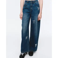 Herlian Bow Sequin Wide-Leg Denim Pants Blue