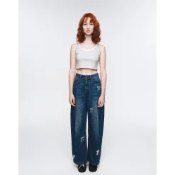 Herlian Bow Sequin Wide-Leg Denim Pants Blue