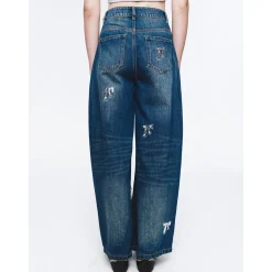 Herlian Bow Sequin Wide-Leg Denim Pants Blue