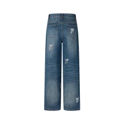 Herlian Bow Sequin Wide-Leg Denim Pants Blue