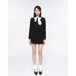 Herlian Detachable Bow Irregular Pleated Skirt Black