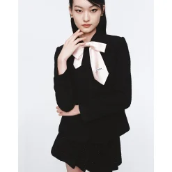 Herlian Detachable Bow Irregular Pleated Skirt Black