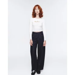 Herlian Embroidery Bow Wide-Leg Denim Pants