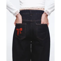 Herlian Embroidery Bow Wide-Leg Denim Pants