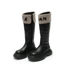 Herlian Flip Logo Leather Heel Boots Black