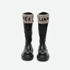 Herlian Flip Logo Leather Heel Boots Black