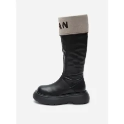 Herlian Flip Logo Leather Heel Boots Black