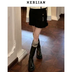 Herlian Flip Logo Leather Heel Boots Black