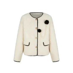 Herlian Golden Button Flower Fleece Coat White