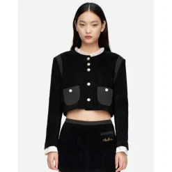 Herlian Lace Collar Corduroy Short Coat Black