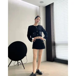 Herlian Lace Collar Corduroy Short Coat Black