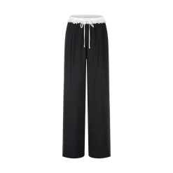 Herlian Lace-Trimmed Waistband Wide-Leg Pants Black