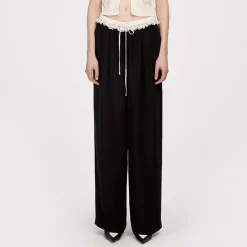 Herlian Lace-Trimmed Waistband Wide-Leg Pants Black